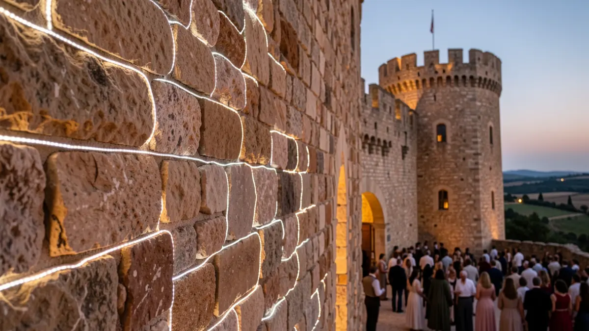 Imagen de la instalación artística lumínica en las paredes de piedra de la alcazaba de Tibi al atardecer.