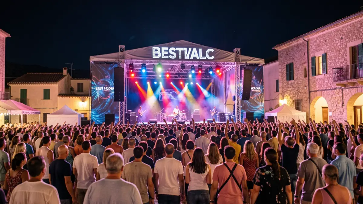 Generic image of an outdoor underground music festival at night, with lights and crowd.