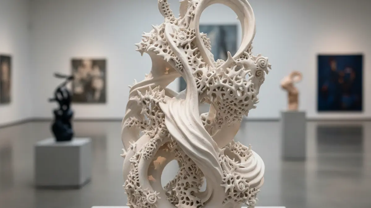 Imatge genèrica d'una escultura de ceràmica amb detalls intricats en una galeria d'art moderna.