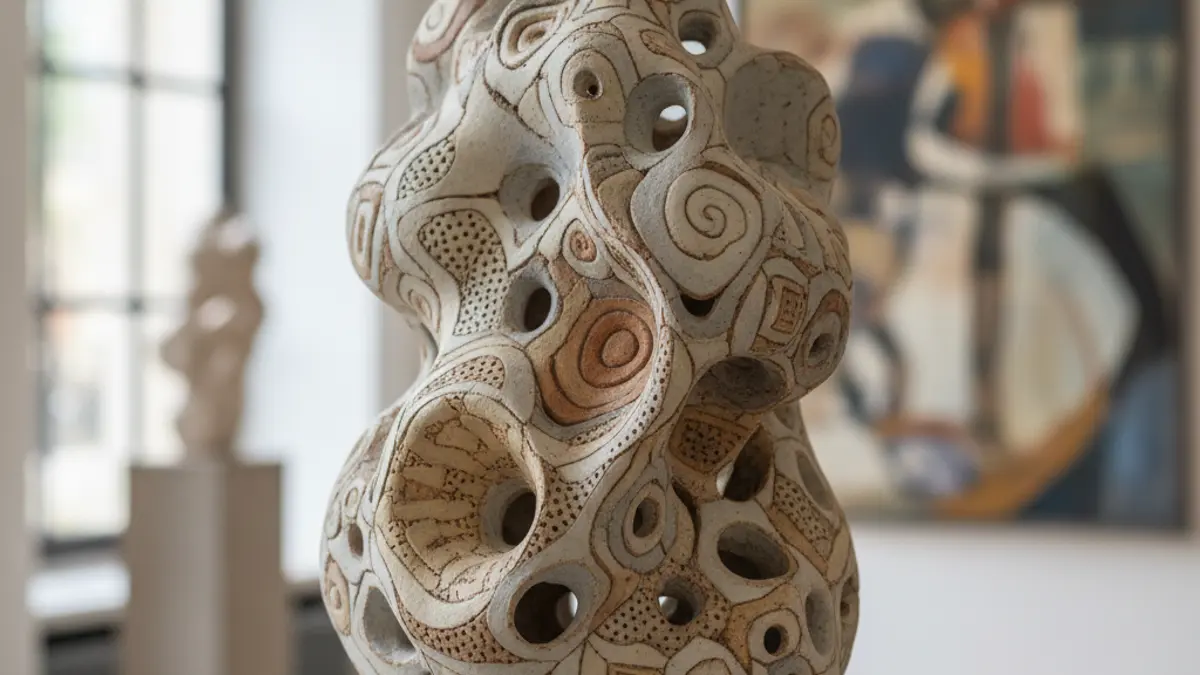 Generic image of an intricate contemporary ceramic sculpture, displayed in a gallery with soft lighting.