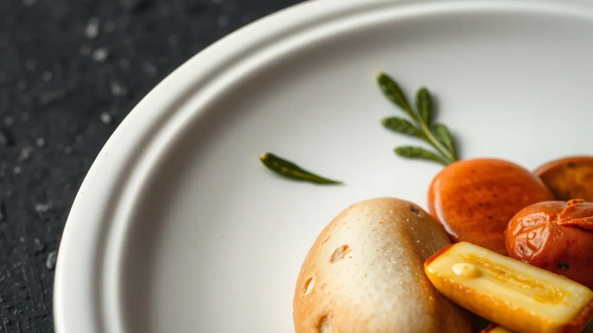 Image of a ceramic plate with a trompe l'oeil design, showing realistic-looking food or objects.