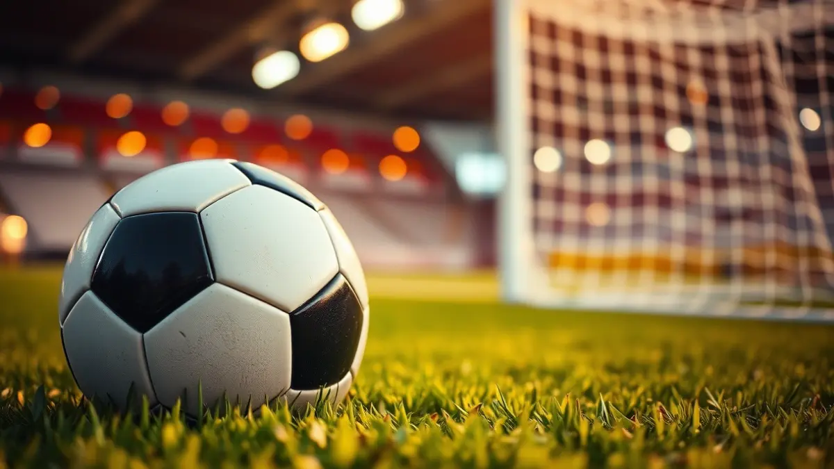 Imagen genérica de un balón de fútbol en el césped de un campo, con la portería desenfocada al fondo.