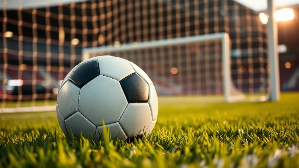 Imagen genérica de un balón de fútbol en el césped de un campo, con la portería desenfocada al fondo.