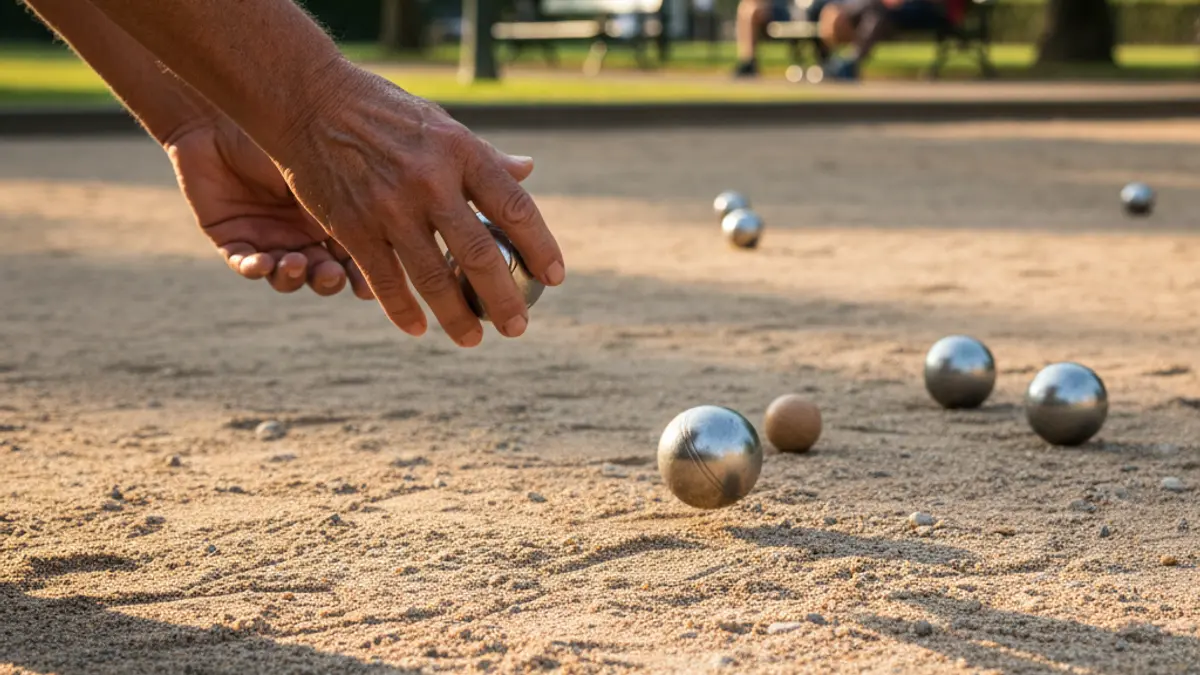 Generic image of elderly hands playing petanque in a park.