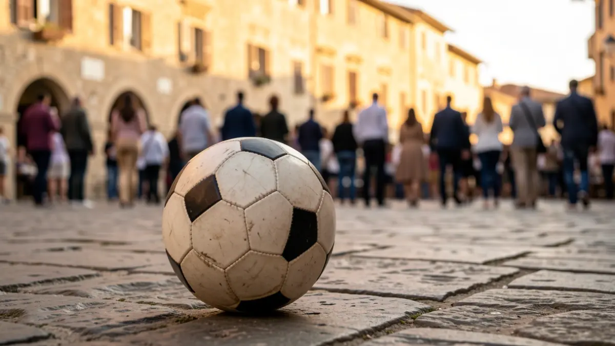 Image of a soccer ball in a stone-paved square in Elche.