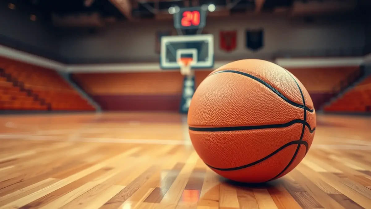 Generic image of a basketball on a wooden court, with a blurred hoop in the background.