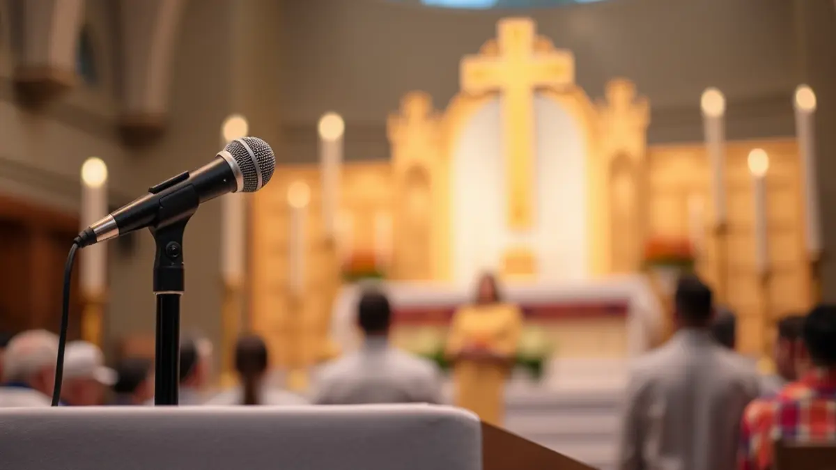 Imatge genèrica d'un micròfon en un faristol durant un acte religiós, amb llums suaus.