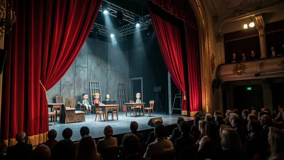Generic image of a theatre stage with curtains and a stylized cell.