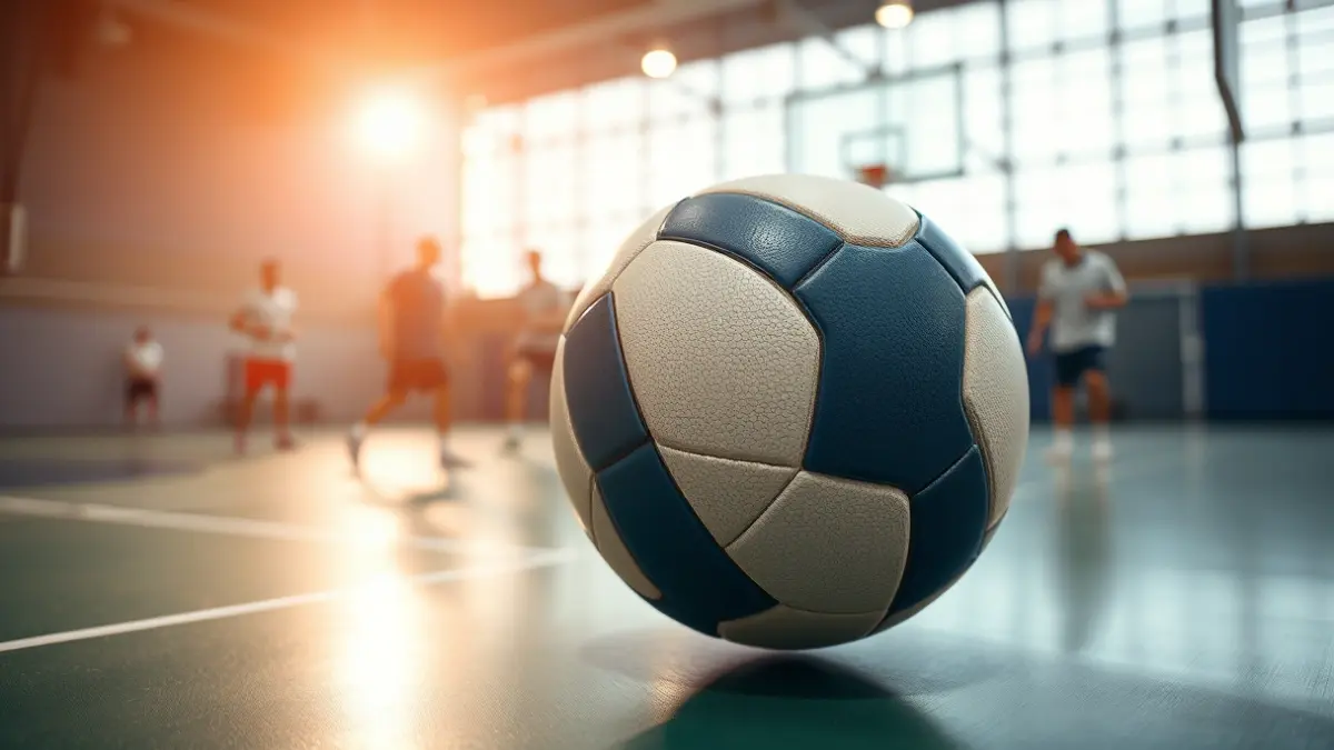 Imagen genérica de un balón de balonmano en una cancha, con jugadores desenfocados al fondo.
