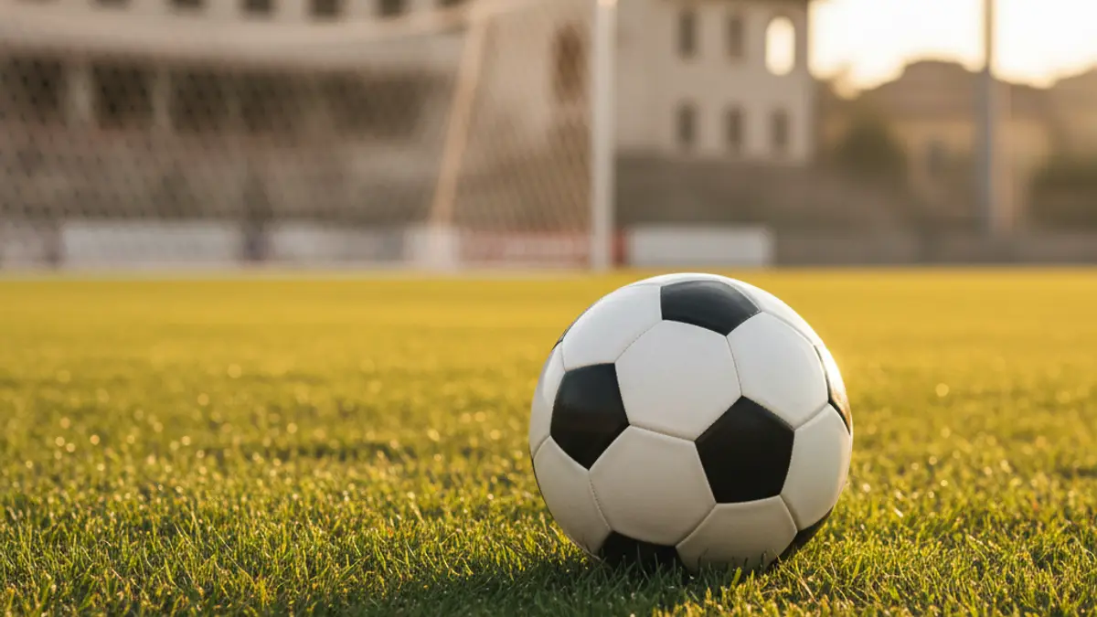 Imatge genèrica d'una pilota de futbol sobre la gespa d'un camp, amb la porteria desenfocada al fons.