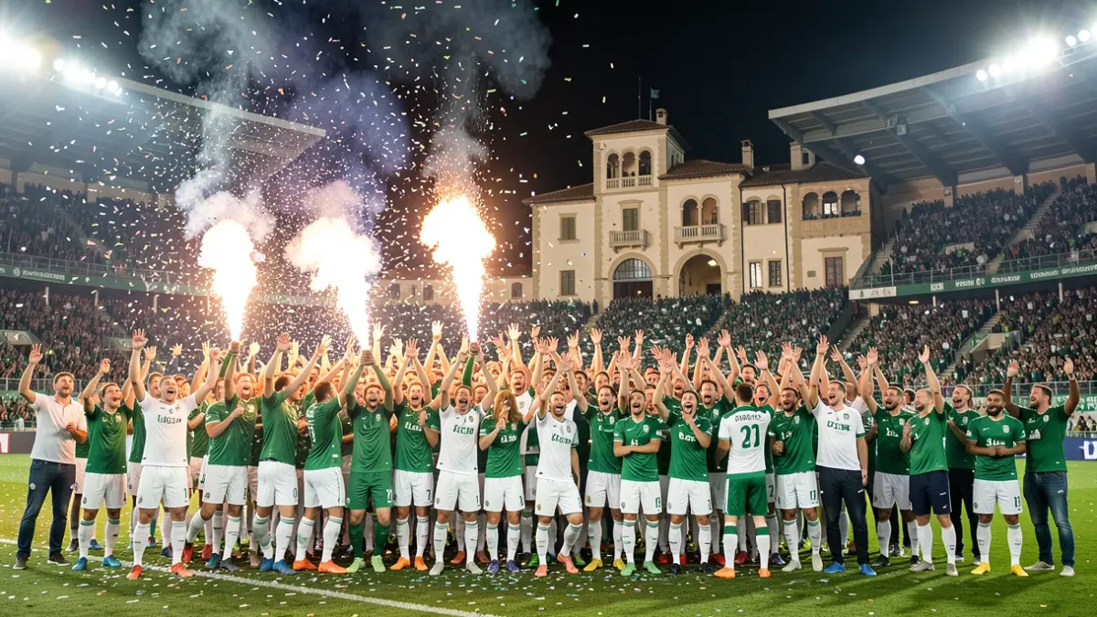 Generic image of football fans celebrating with flares and confetti in a stadium.