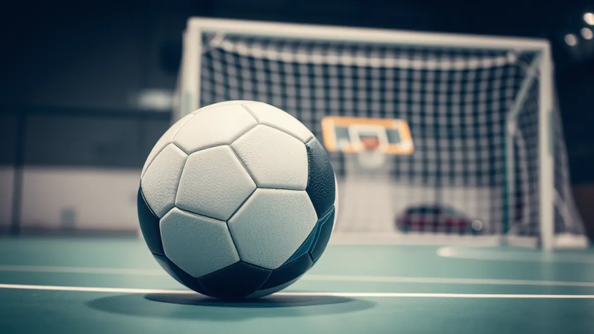Imagen genérica de un balón de balonmano en una cancha, con la portería desenfocada al fondo.