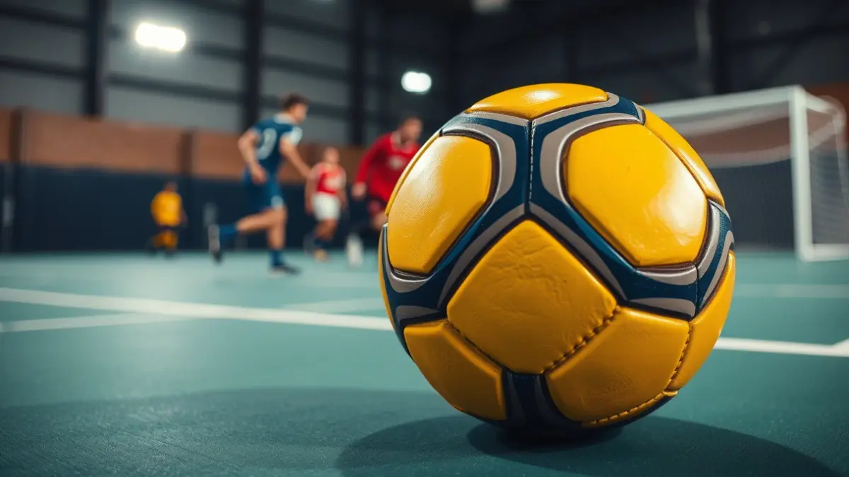 Imagen genérica de un balón de balonmano en una cancha, con jugadores desenfocados al fondo.