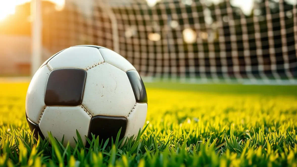 Imatge genèrica d'una pilota de futbol en la gespa, amb la porteria desenfocada al fons, sota la llum del capvespre.