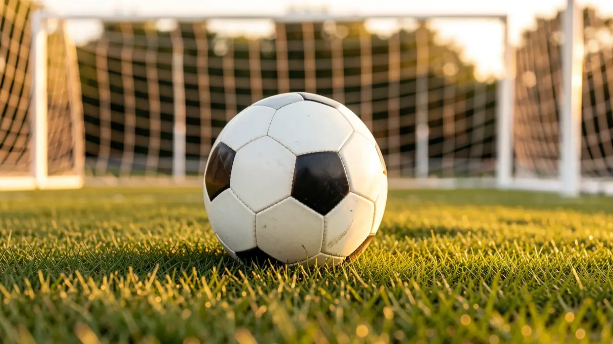 Generic football image with a ball on the grass and a blurred goal net.