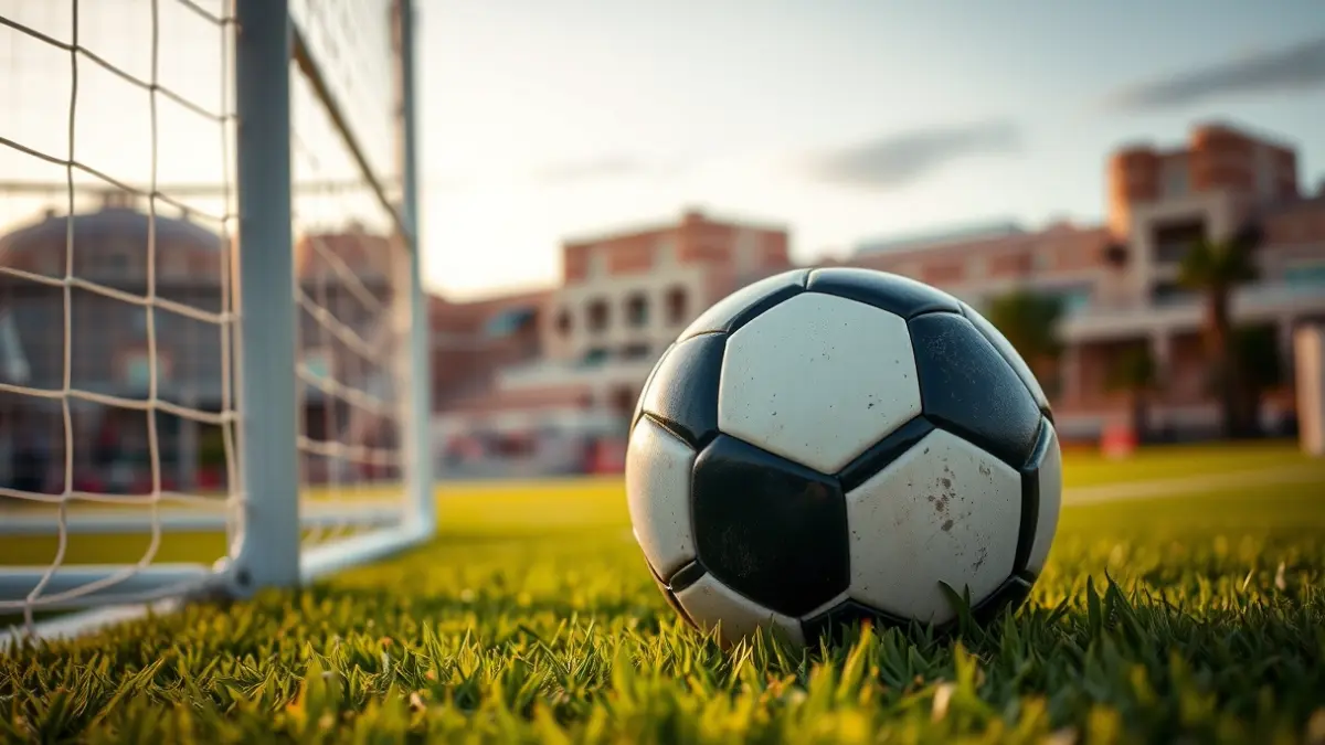 Imatge genèrica d'una pilota de futbol en la gespa d'un estadi, amb la porteria desenfocada al fons.