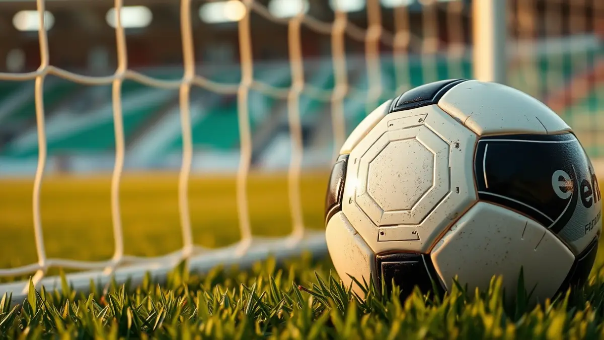 Generic image of a football on stadium grass, with a blurred goal in the background.