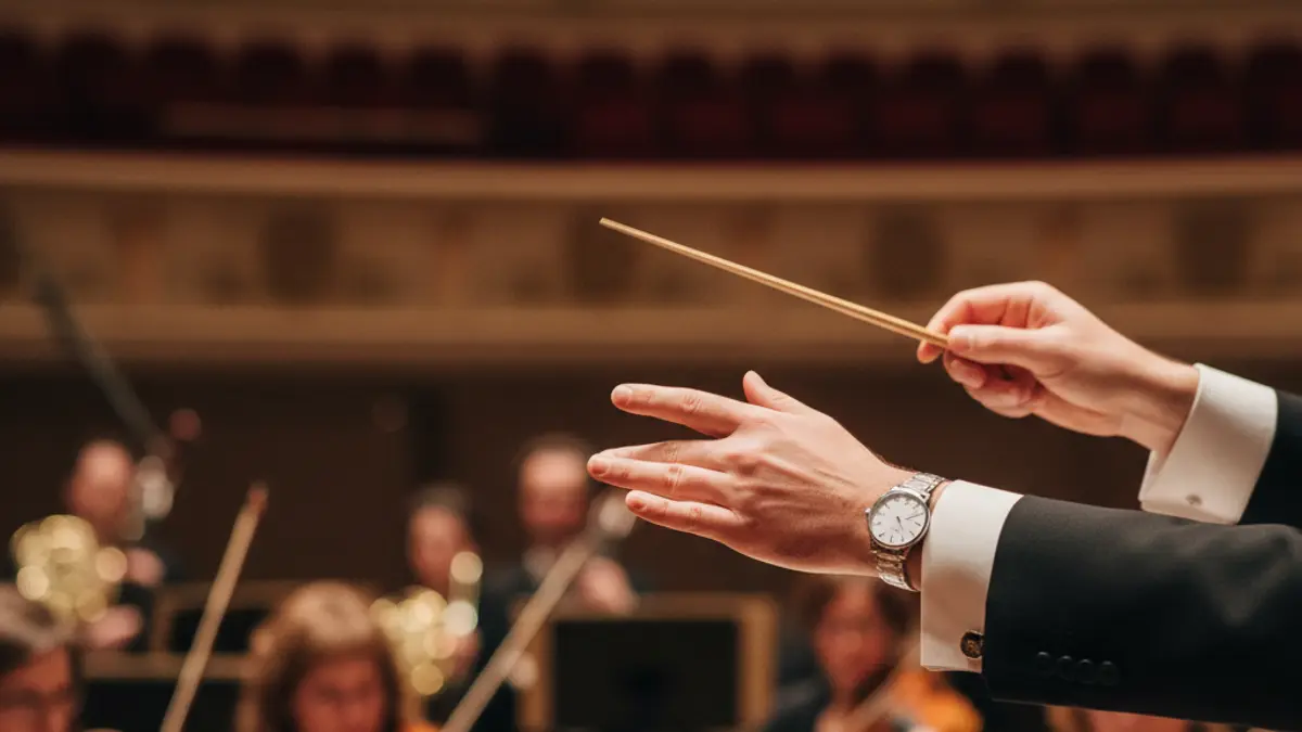 Generic image of a conductor's hands holding a baton, with a blurred orchestra in the background.