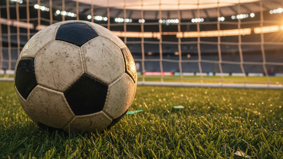 Generic image of a soccer ball on a grass field, with a blurred goal net in the background.