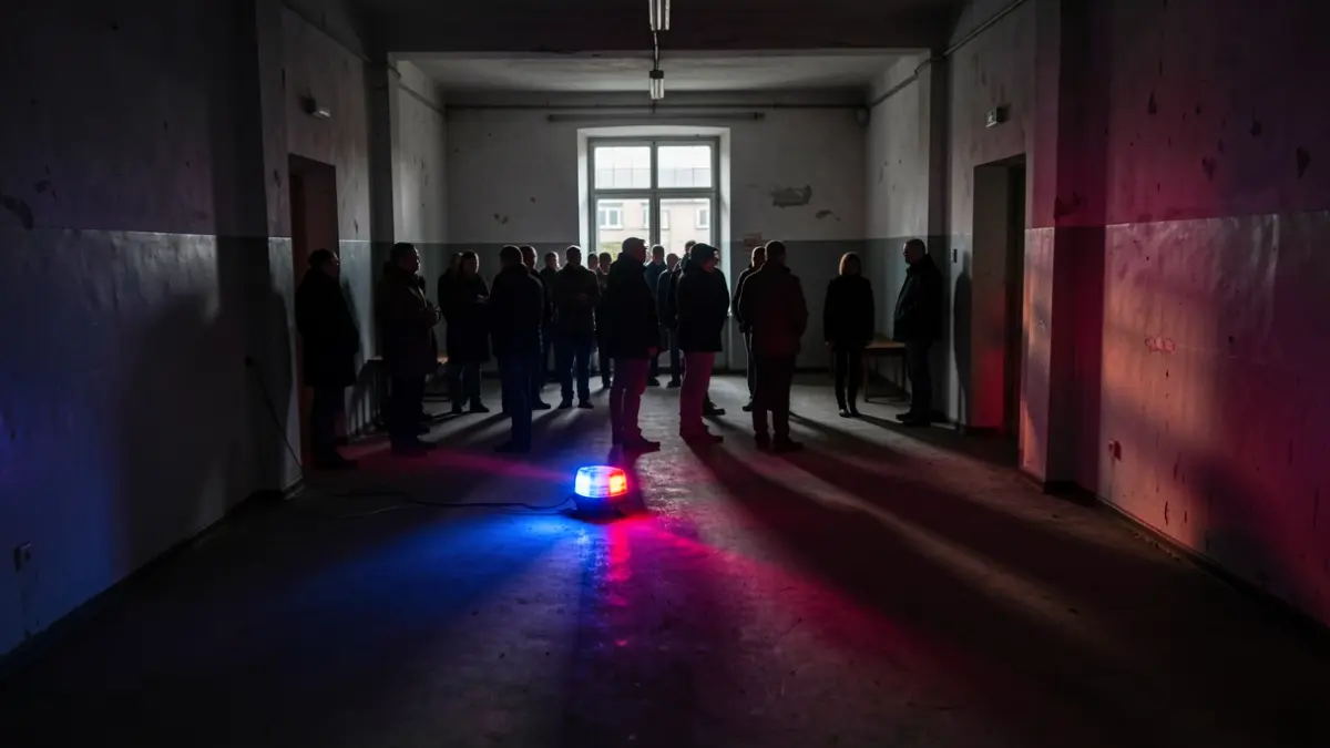 Generic image of police emergency lights reflecting on the floor of an empty room.
