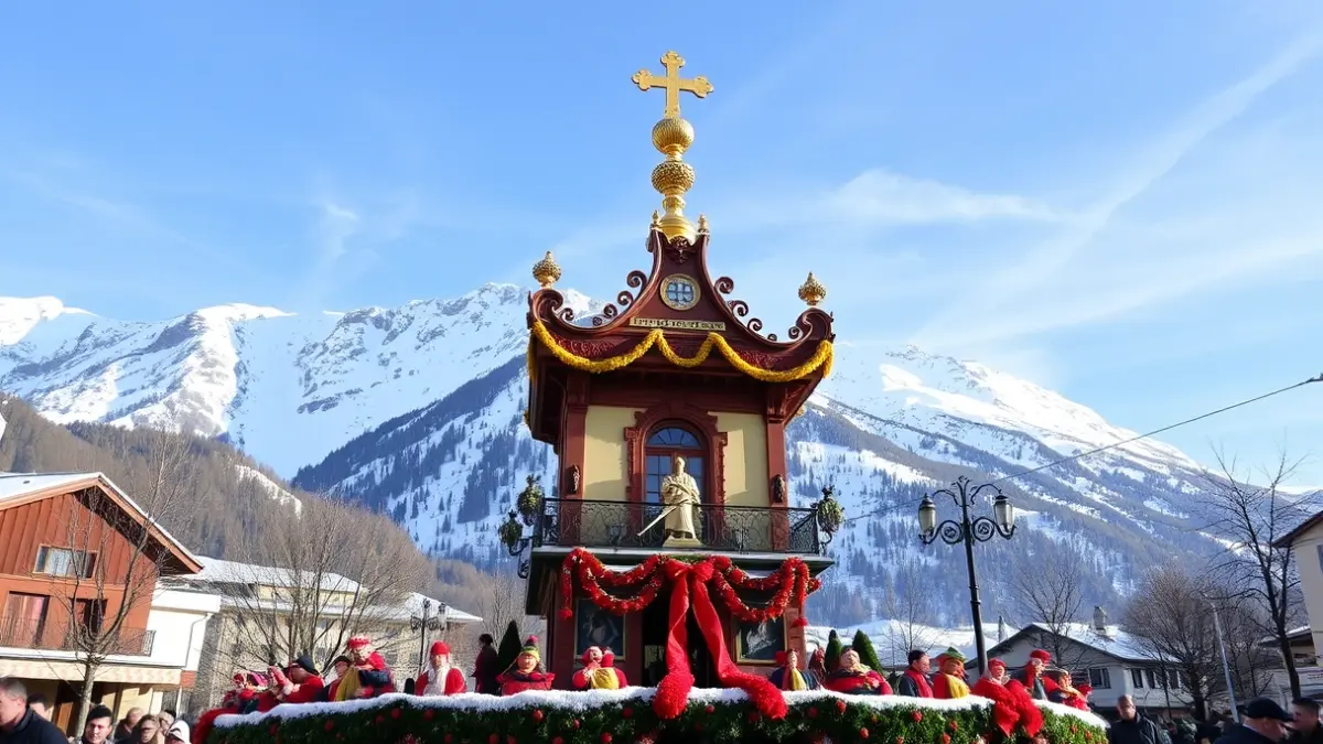 Image of a Fallas monument with Valencian and Swiss elements, with the Alps mountains in the background, in a festive celebration.