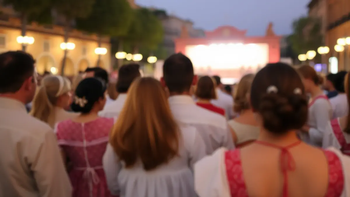 Imagen de una multitud borrosa de personas vestidas con indumentaria tradicional valenciana, bailando en una plaza.