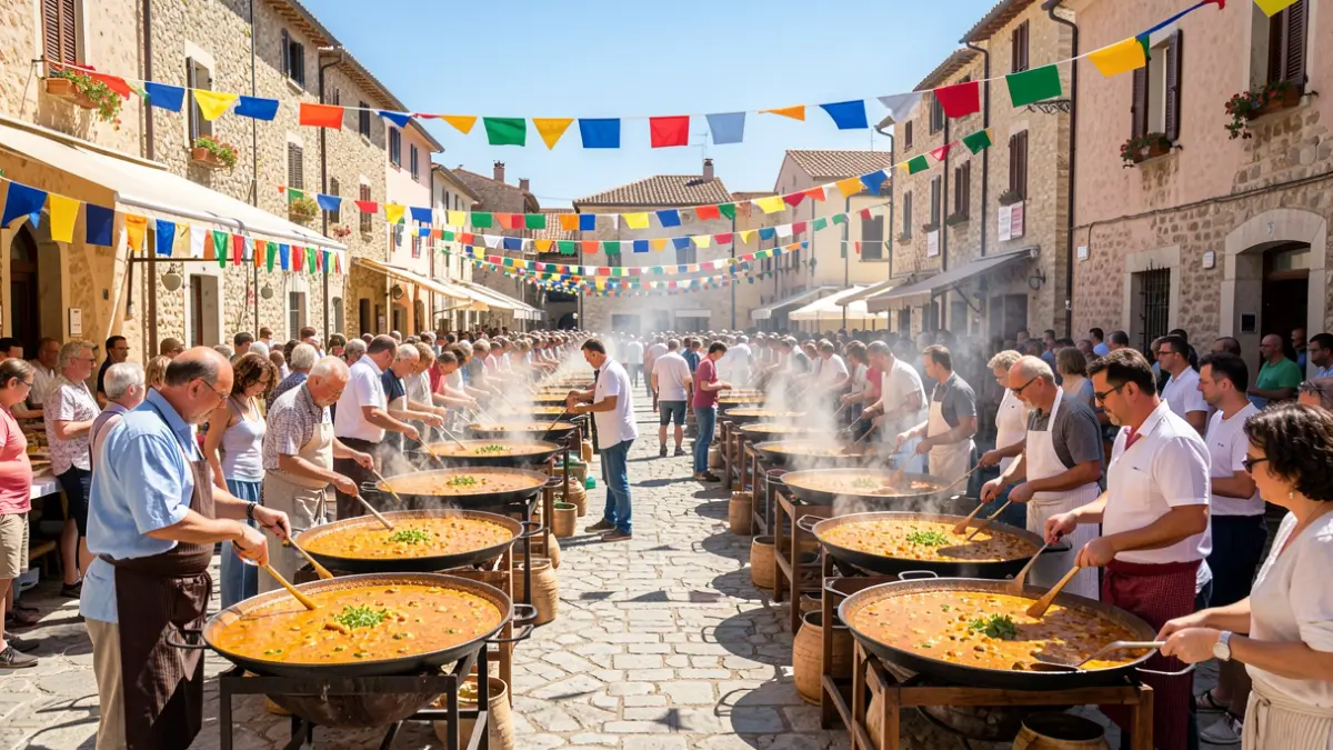 Generic image of a traditional paella contest in a Mediterranean square.