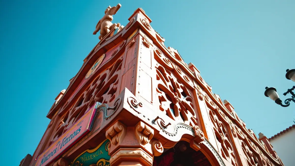 Image of a 'falla' from the Hogueras of Alicante, with intricate details and vibrant colors, under a blue sky.