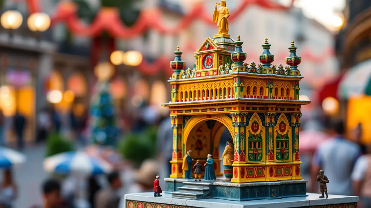 Maqueta de una hoguera de Alicante con detalles artísticos, colores vivos y figuras elaboradas, en un ambiente festivo.