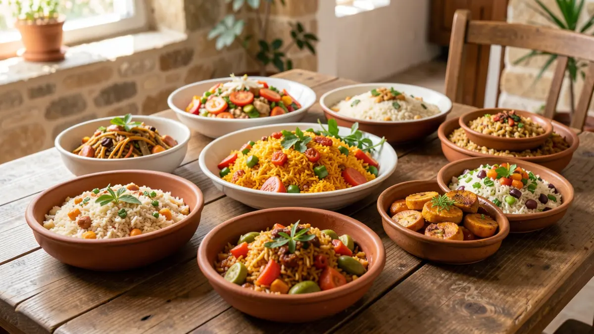 Imatge genèrica de diversos plats d'arròs presentats de manera atractiva en un entorn mediterrani.