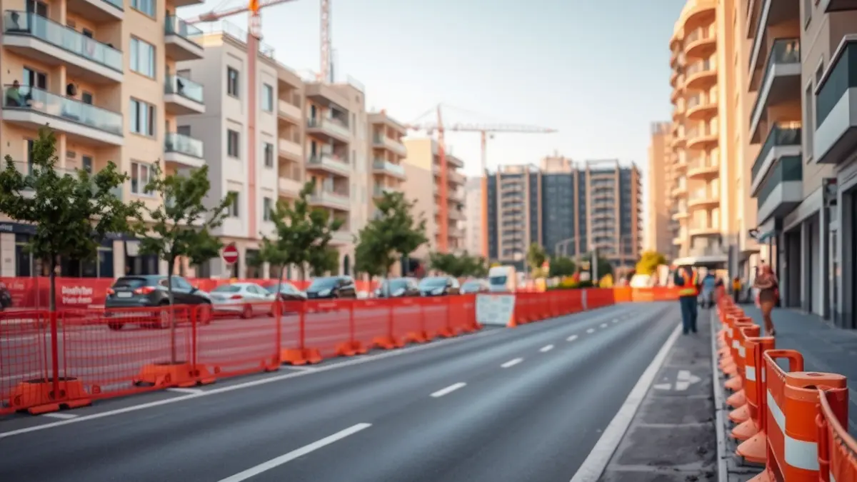 Image of an avenue under construction in a Mediterranean city, with orange safety barriers and newly planted trees.