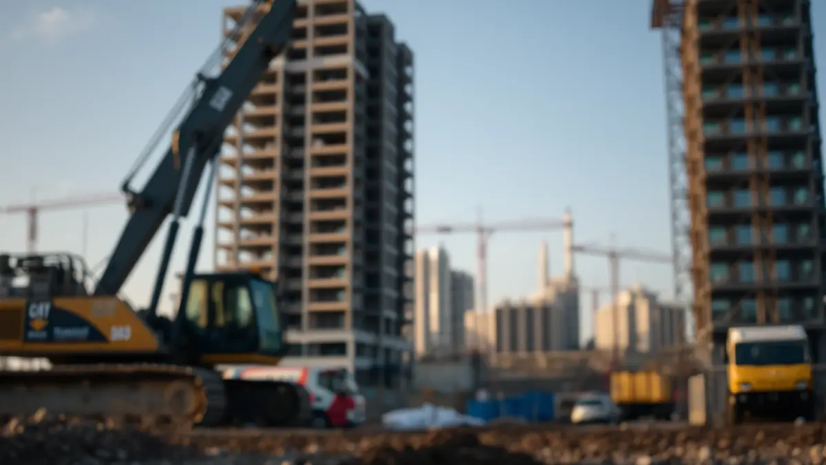 Image of urbanization works in an industrial park, with heavy machinery and partially completed infrastructure.