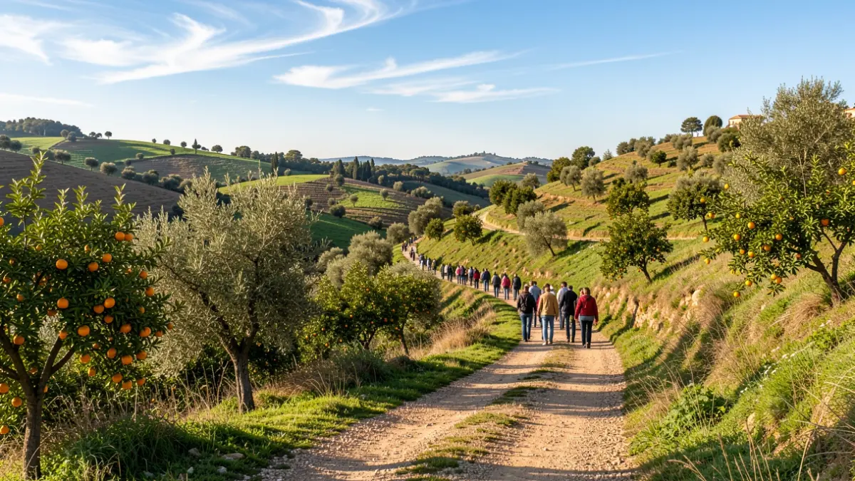 Generic image of a rural path with orange trees on a sunny spring day.