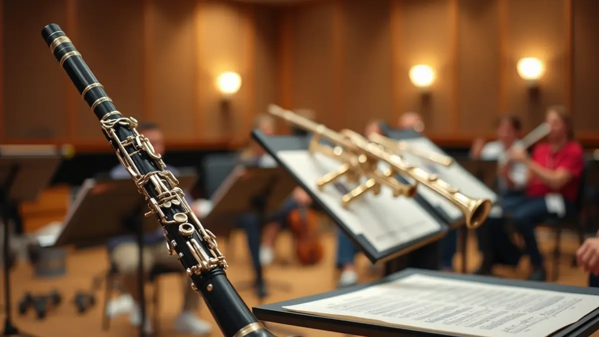 Imatge genèrica d'instruments musicals en una sala d'assaig, amb partitures borroses al fons.