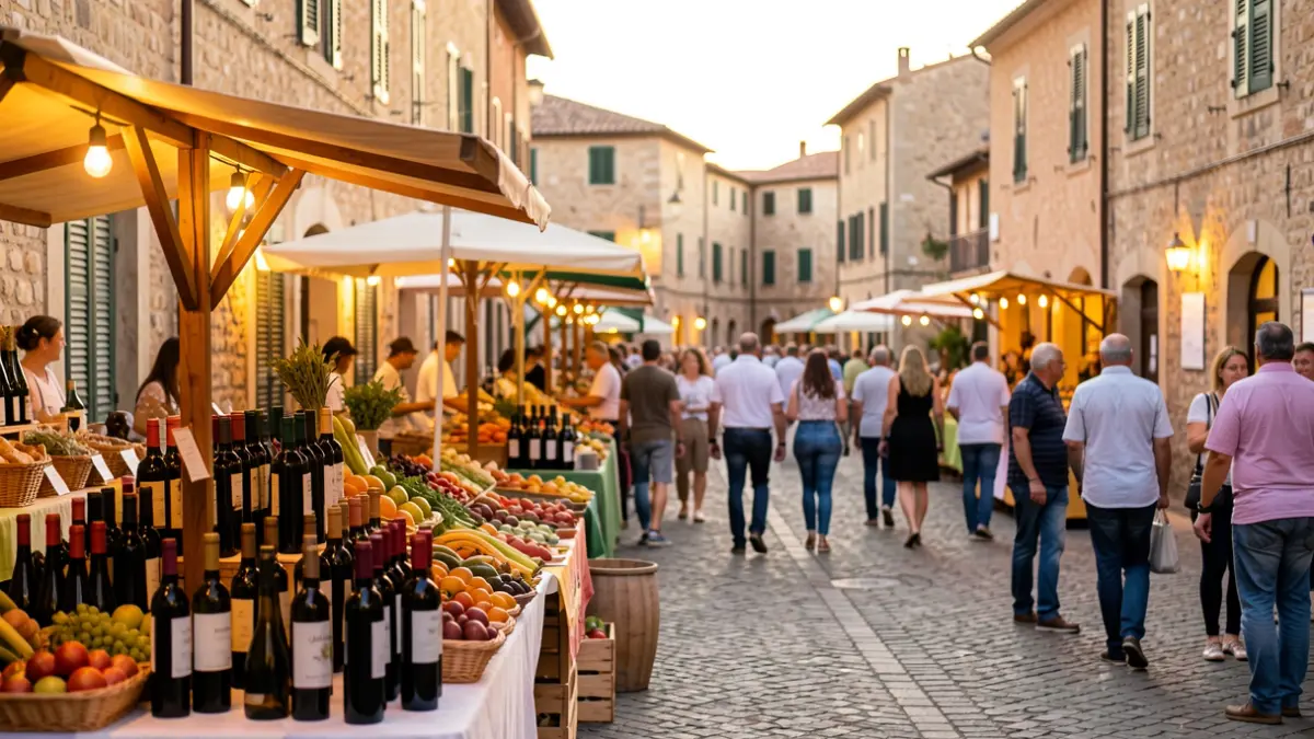 Imagen genérica de una feria de vino en un pueblo mediterráneo con puestos, productos locales y gente.