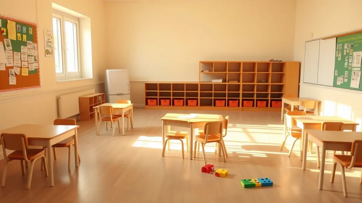 Imatge genèrica d'una aula d'educació infantil buida, amb cadires i taules xicotetes, i joguets en el sòl.