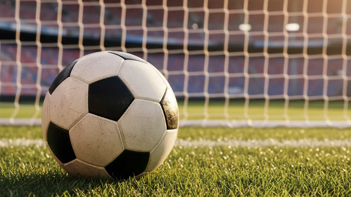 Imatge genèrica d'una pilota de futbol sobre la gespa d'un camp, amb la porteria desenfocada al fons.