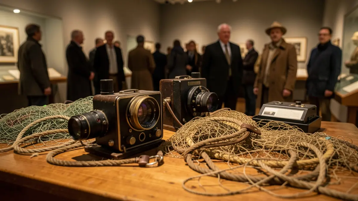 Imatge d'equipament fotogràfic antic i xarxes de pesca en una exposició cultural.