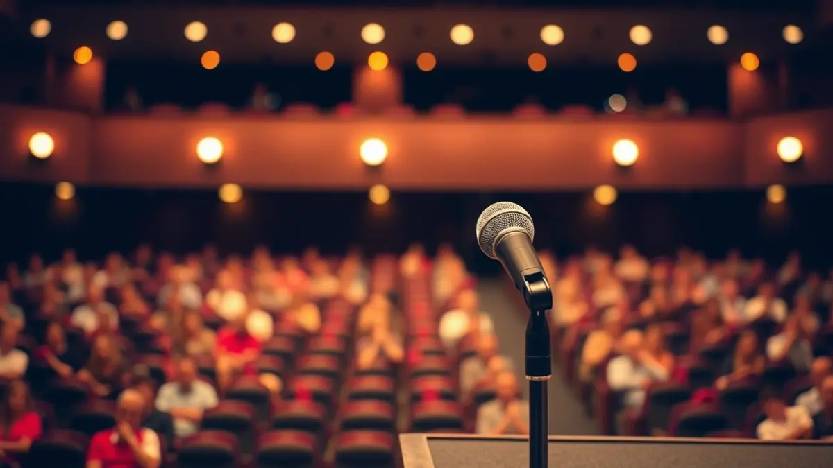 Generic image of a microphone on a podium in a theater, with empty seats in the background.
