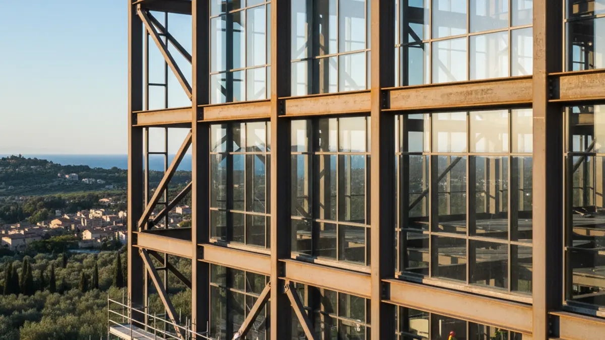 Image of an industrial building under construction with steel structures and glass panels, in a sunny Mediterranean environment.
