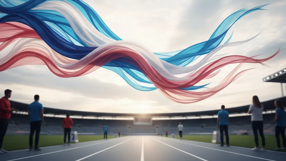 Imatge abstracta d'una bandera blava, rosa i blanca onejant sobre una pista d'atletisme, simbolitzant llibertat i triomf.