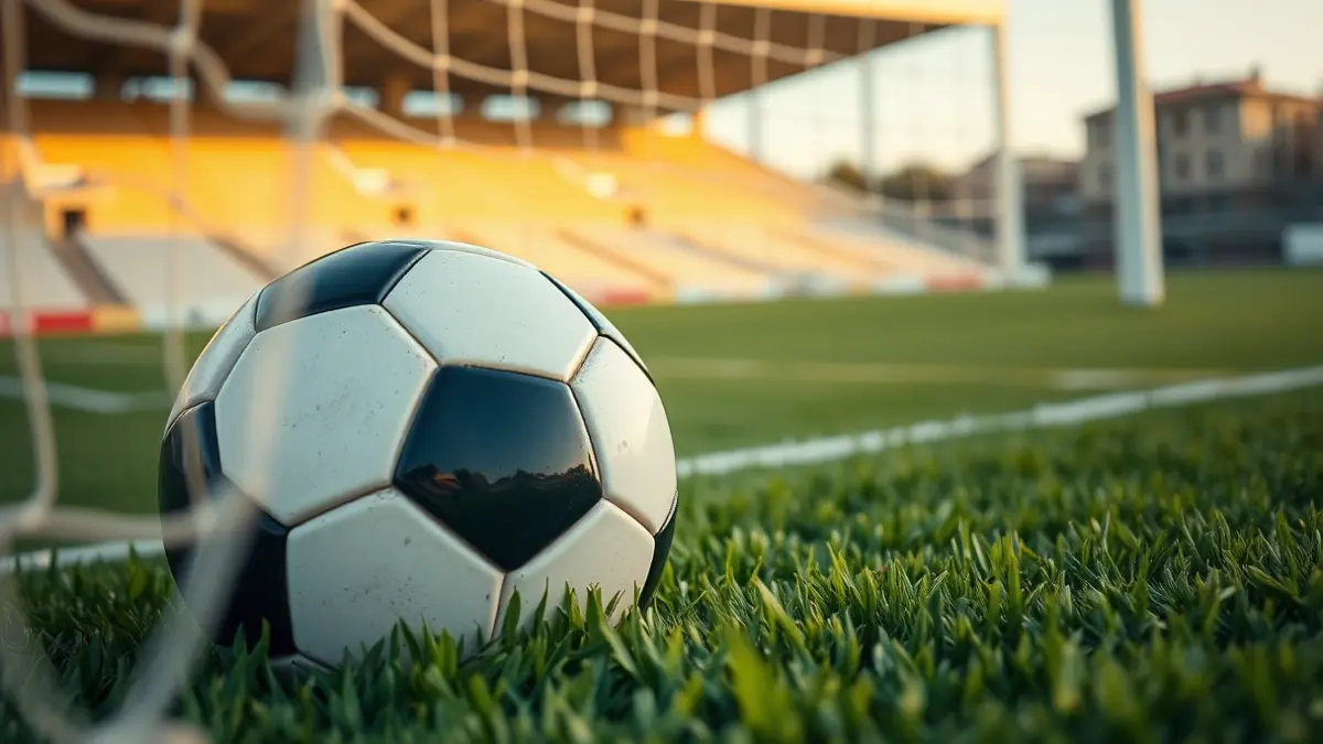 Generic image of a soccer ball on a grass field, with a blurred goal net in the background.