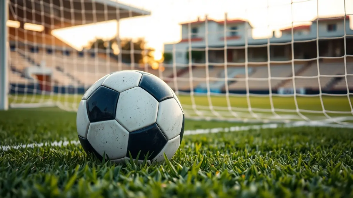 Imatge genèrica d'una pilota de futbol en la gespa d'un estadi, amb la porteria desenfocada al fons.