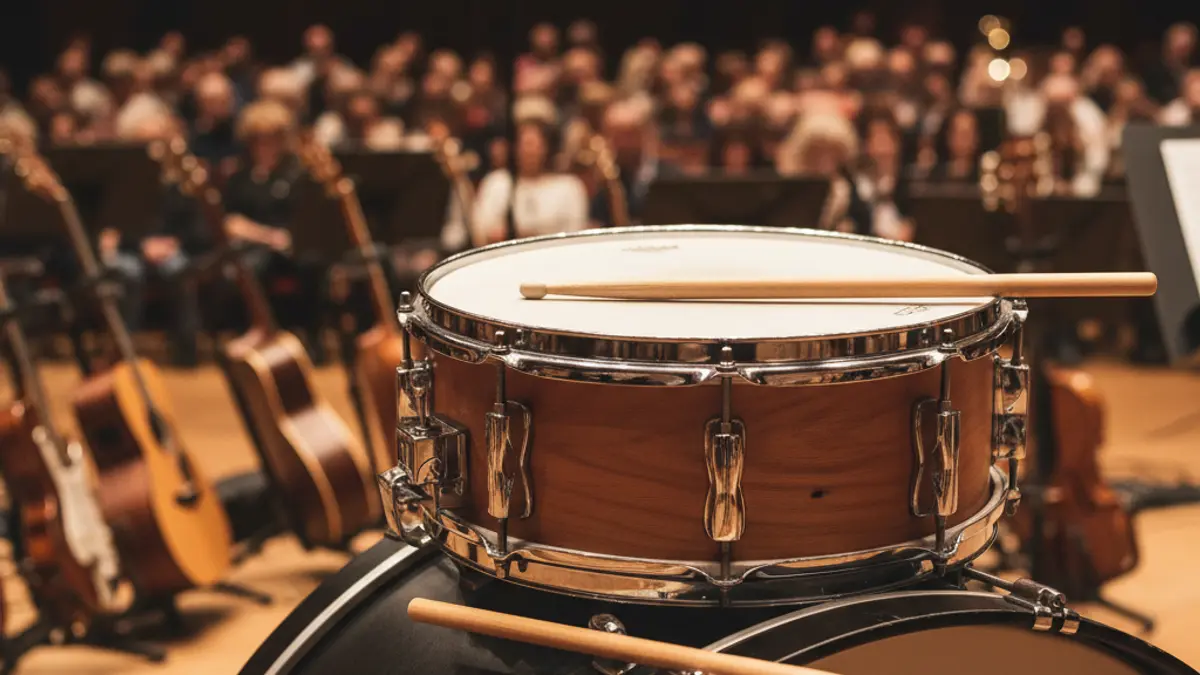 Generic image of a drum and a bass drum in an auditorium, with blurred musical instruments in the background.