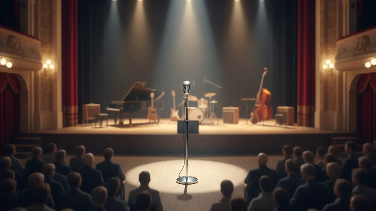 Imatge d'un escenari de sala de concerts amb un micròfon i instruments, evocant nostàlgia.