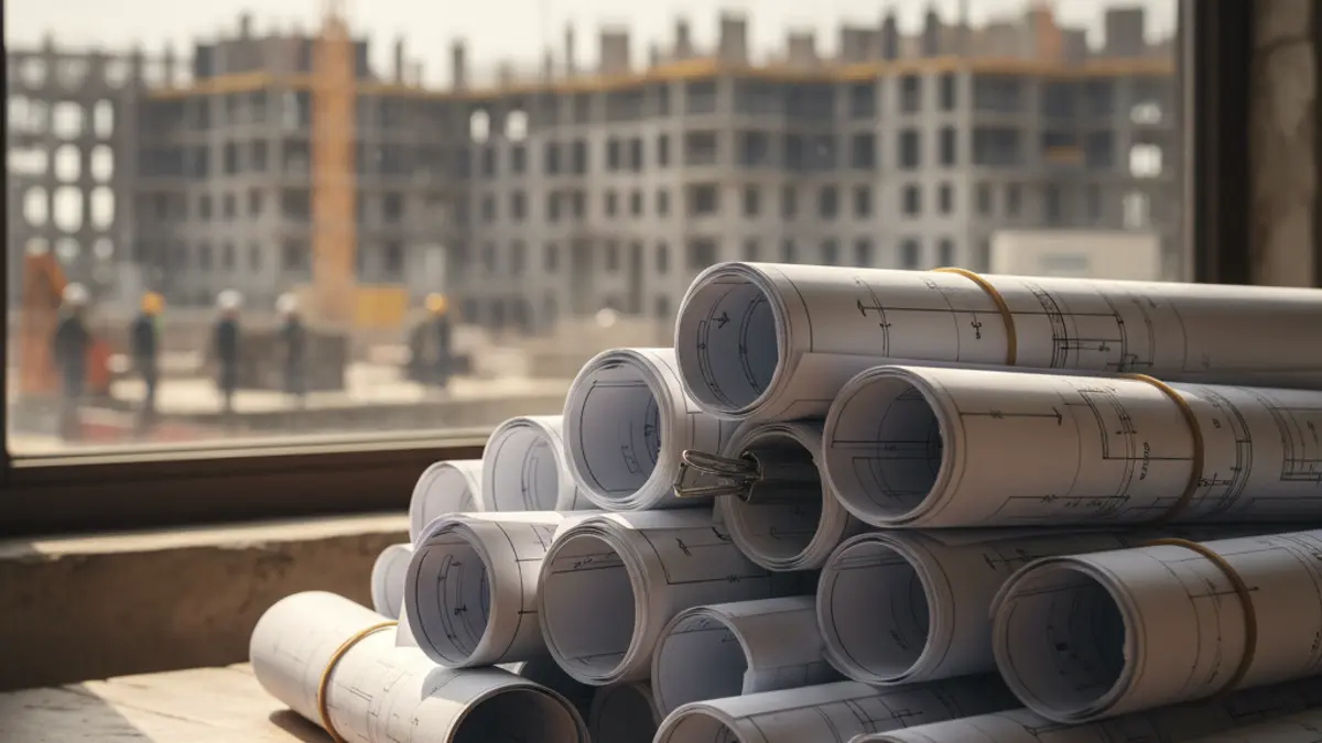 Imatge genèrica de plànols de construcció sobre una taula de fusta, amb un fons desenfocat d'una obra.