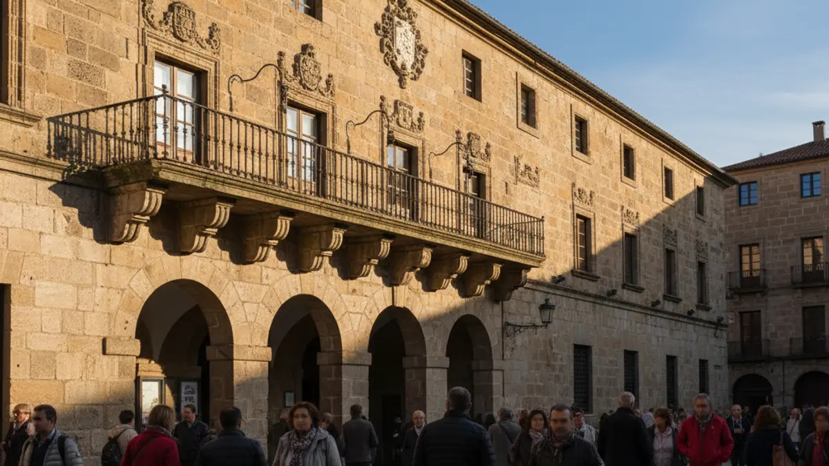 Façana d'un ajuntament de pedra amb balcó ornamentat i baranes de ferro, amb la llum càlida del sol de la vesprada projectant ombres sobre les parets de gres, cel blau, estil de fotografia documental.