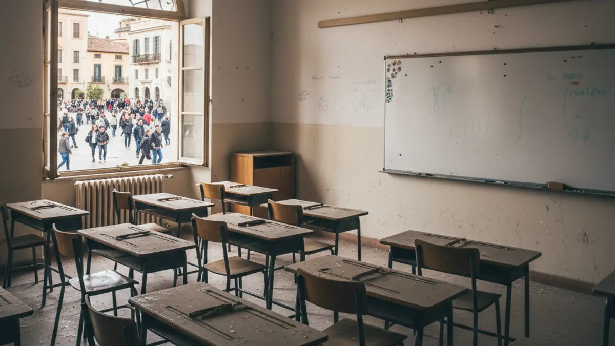 Generic image of an empty classroom, symbolizing group reduction and overcrowding in public education.