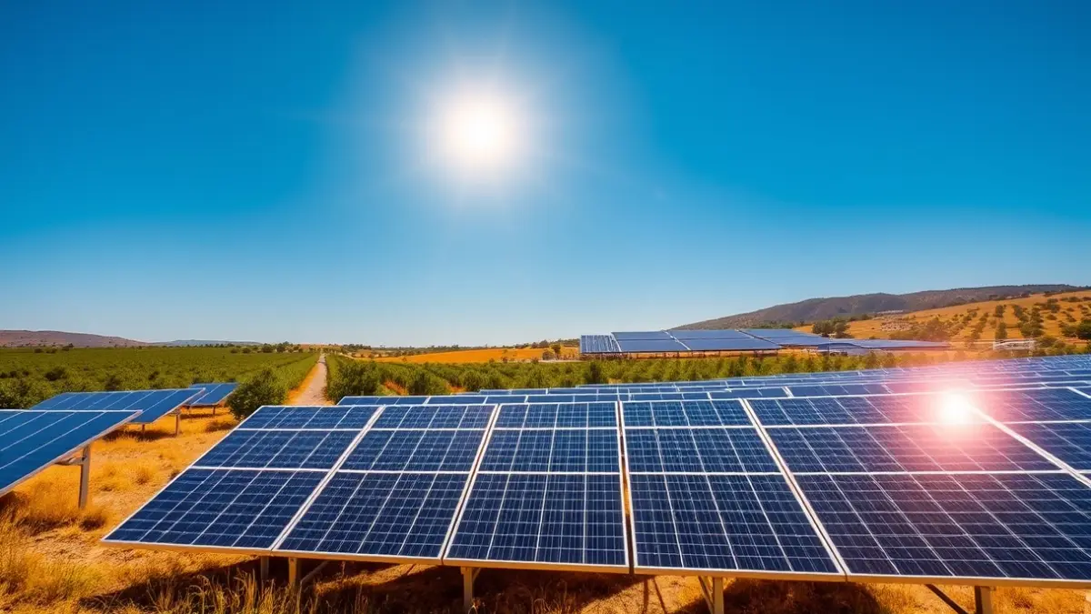 Imagen de una planta fotovoltaica con paneles solares y un sistema de almacenamiento de energía en baterías, en un paisaje valenciano con naranjos.