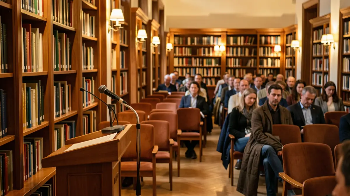 Image of a library interior with wooden bookshelves and a microphone set up for a talk.